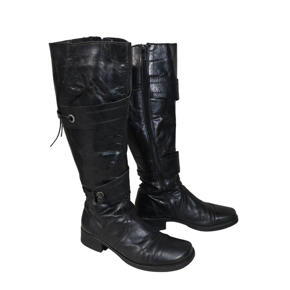 Via Vai Black Crinkled Leather Knee High Riding Boot Womens Size 39 US Size 8.5